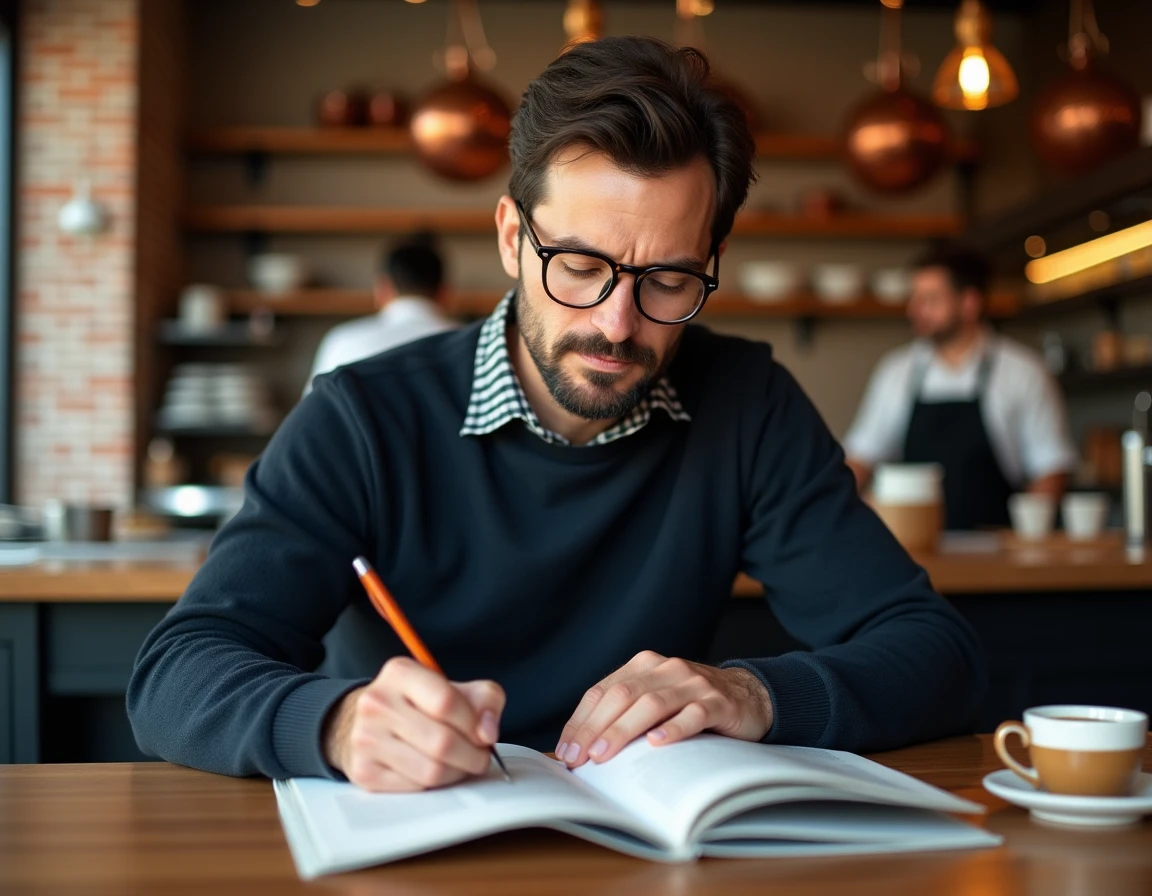 Homme prenant des notes de restaurants gourmands dans un guide culinaire assis au comptoir d'un café authentique