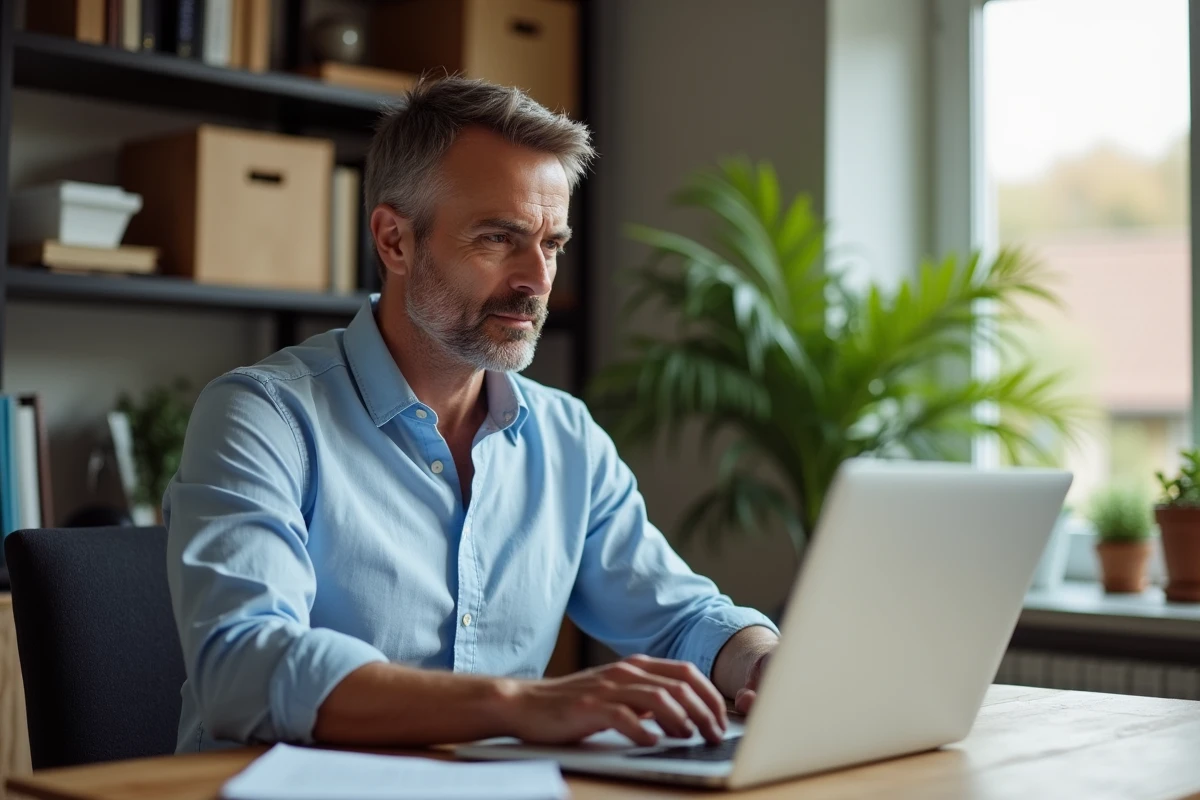 Homme d'âge moyen utilisant son ordinateur pour créer un compte Microsoft