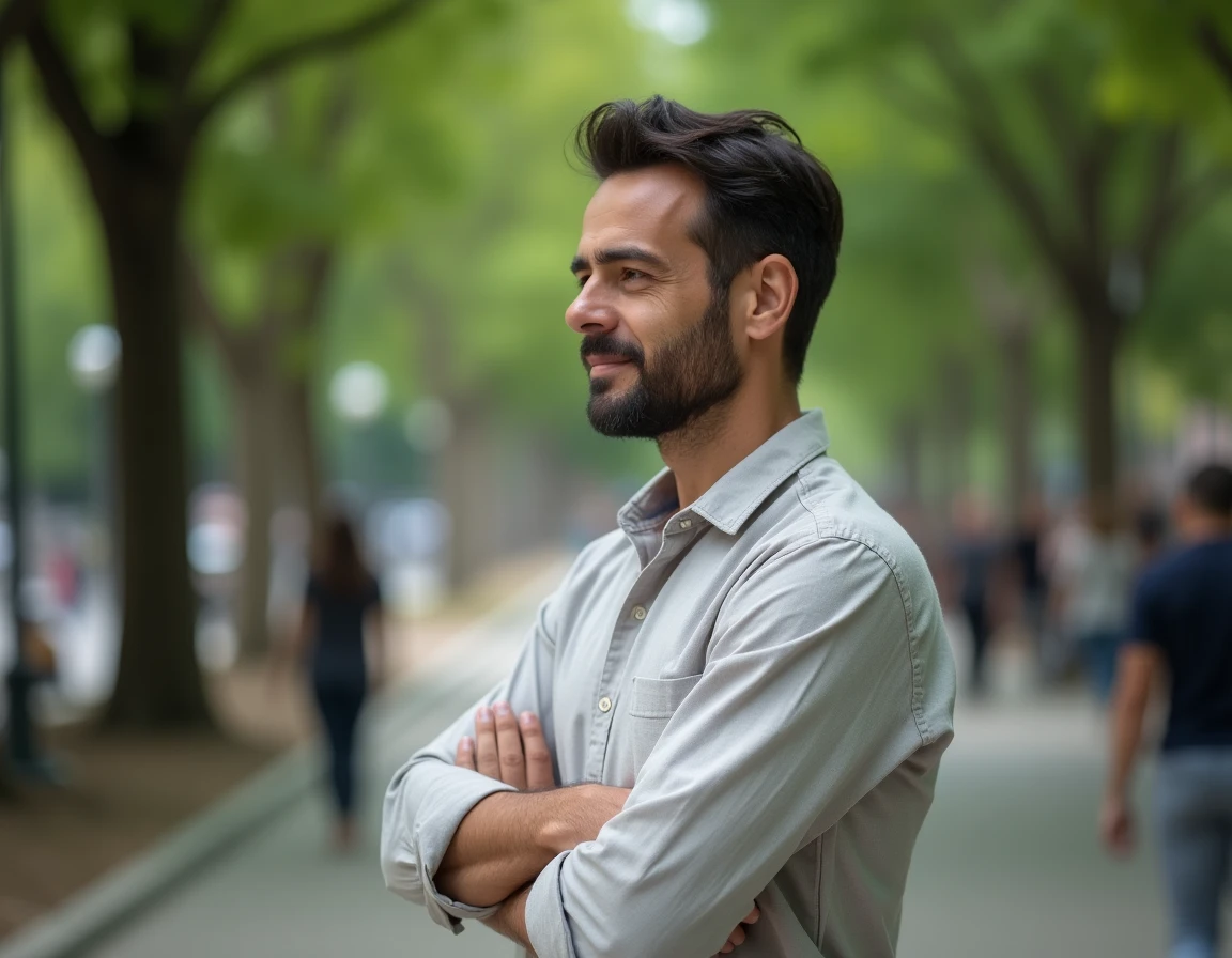 Homme dans la quarantaine au regard attentif et posture ouverte dans un parc, illustrant les signaux d'intérêt romantique chez un homme plus âgé