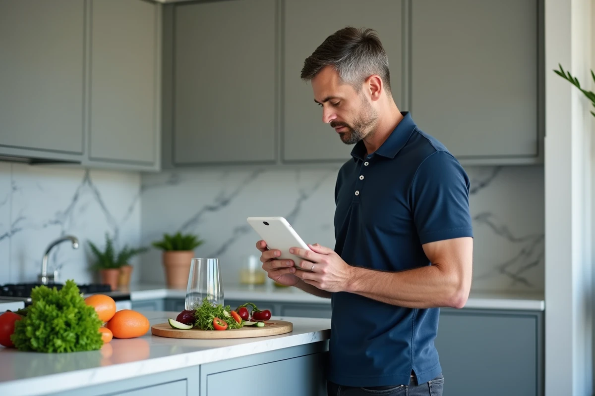 Homme écoutant la radio gratuitement sur smartphone dans une cuisine contemporaine