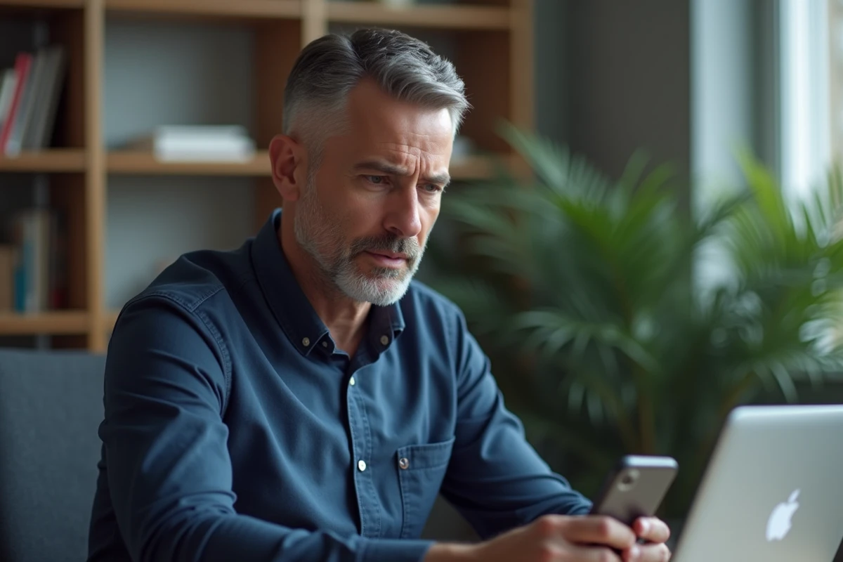 Homme recherchant un numéro de téléphone inconnu sur internet depuis son bureau