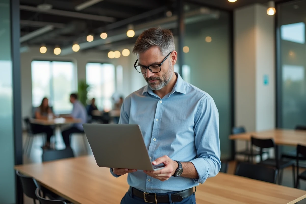Homme d age moyen travaillant sur un ordinateur dans un espace coworking