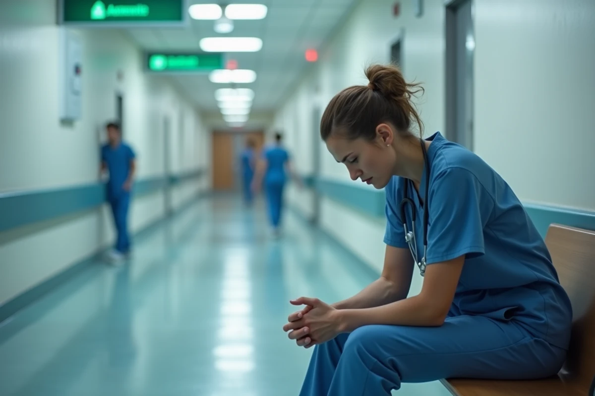 Infirmière française épuisée assise seule dans un couloir d'hôpital, symbolisant la vulnérabilité des soignants face au divorce dans les métiers à forte pression