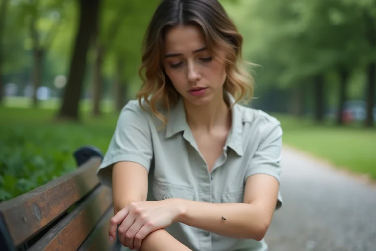 Jeune femme examinant un petit insecte noir sur son avant-bras dans un parc verdoyant