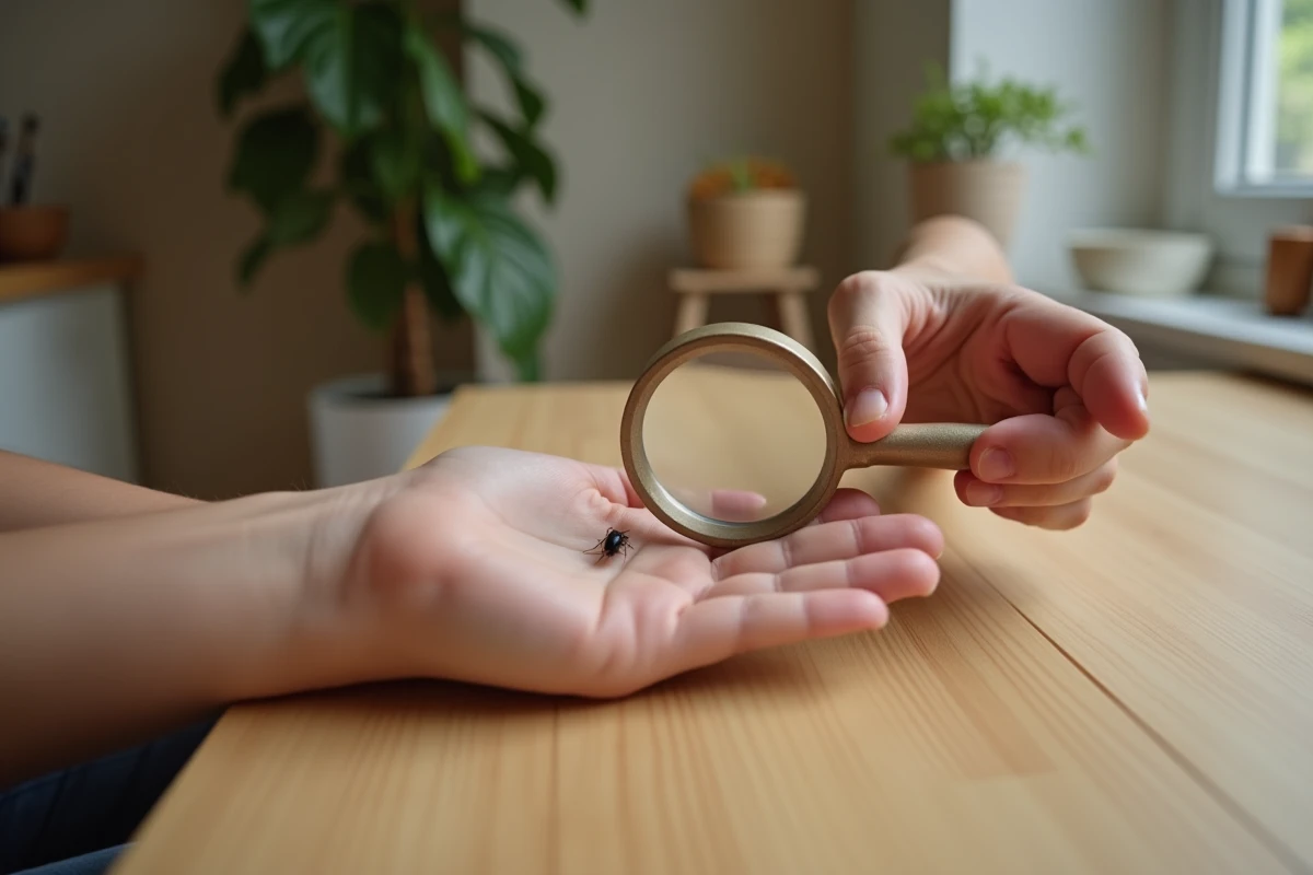 Mains adultes utilisant une loupe pour observer un petit insecte noir sur la peau