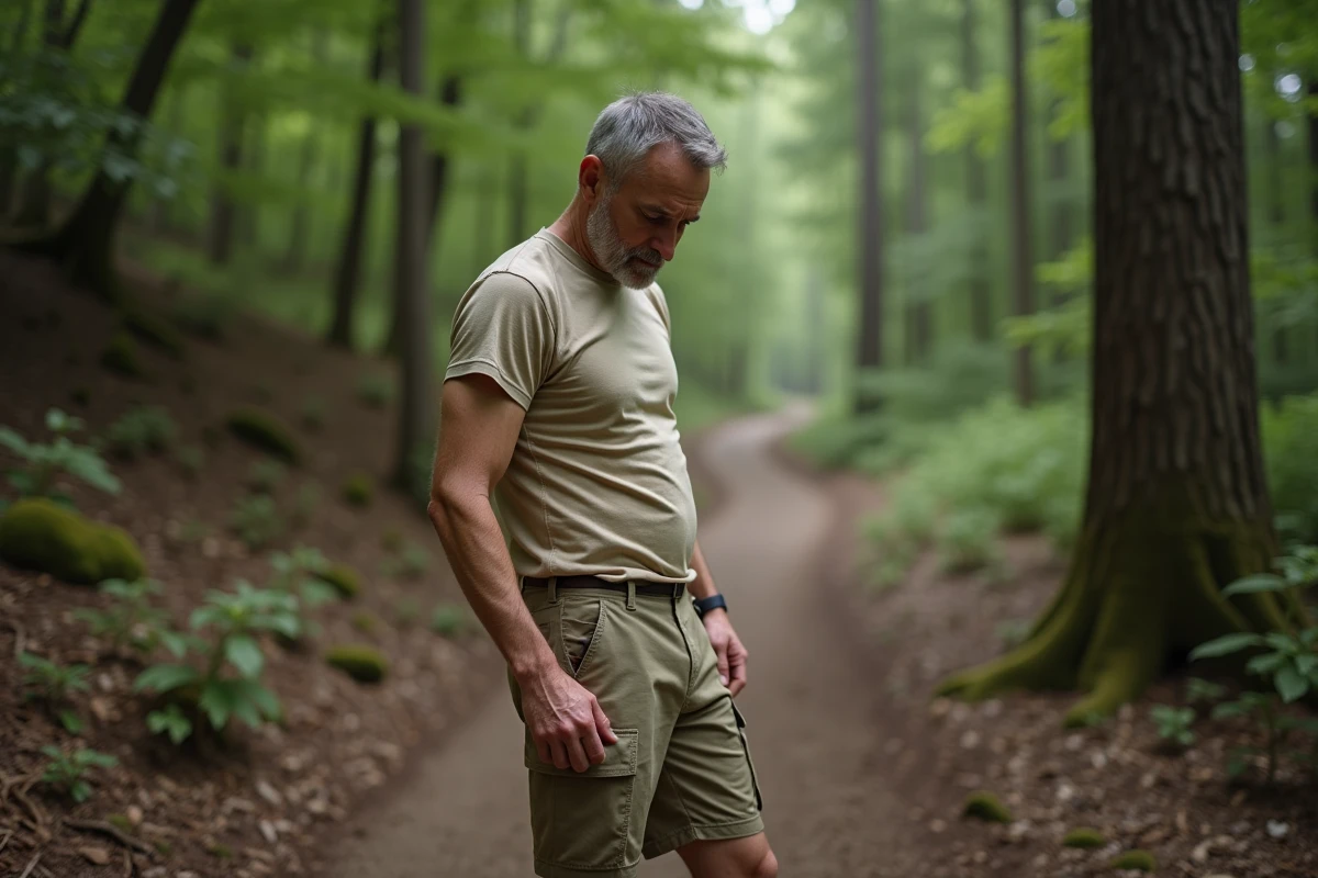 Randonneur observant un petit insecte noir sur sa jambe en pleine forêt