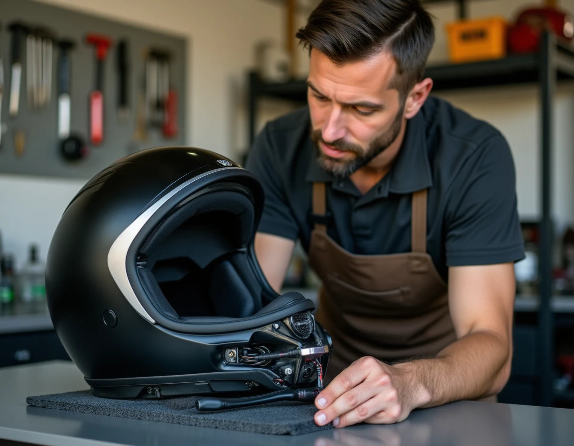 Installation d'un kit haut-parleurs aftermarket à l'intérieur d'un casque moto sur un établi de garage
