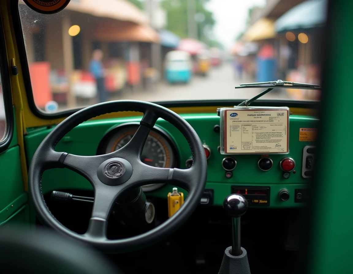 Tableau de bord intérieur d'un tuk tuk homologué en France avec carte grise et commandes de conduite visibles