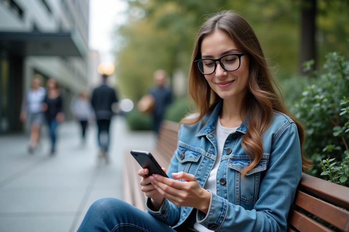 Jeune femme avec veste en denim utilisant son smartphone pour s