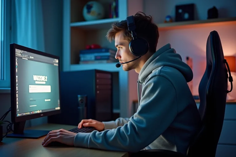 Jeune homme gamer avec casque et hoodie concentré sur son écran