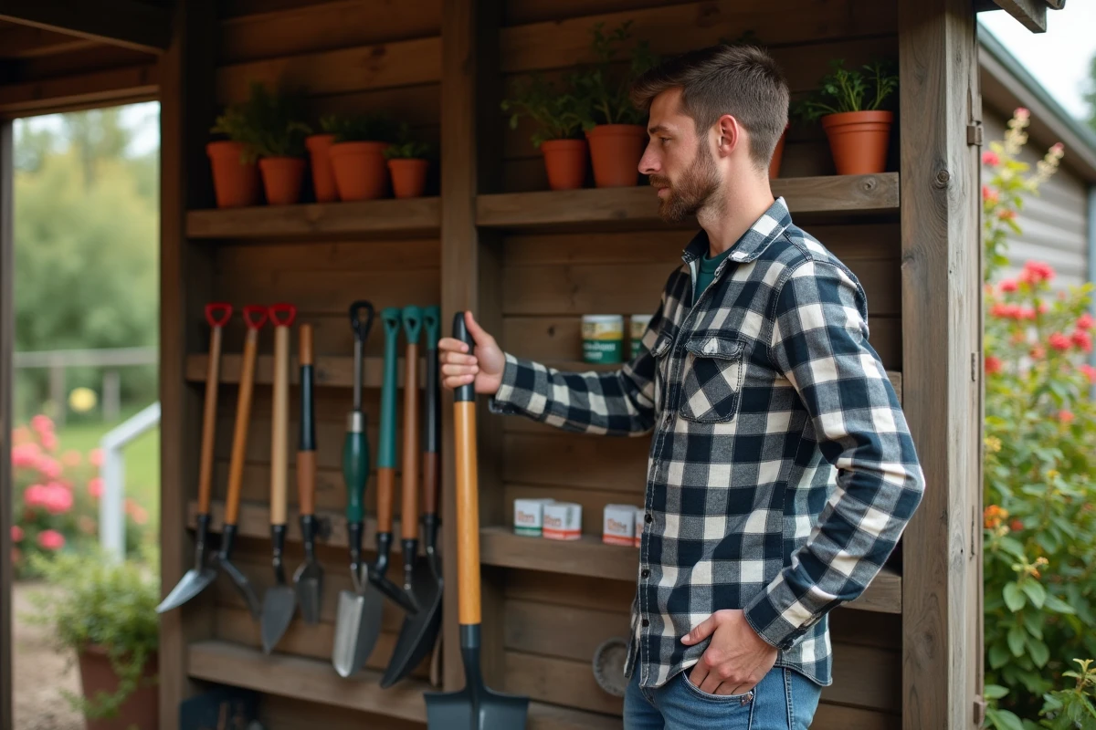 Jeune homme dans le cabanon avec outils de jardin