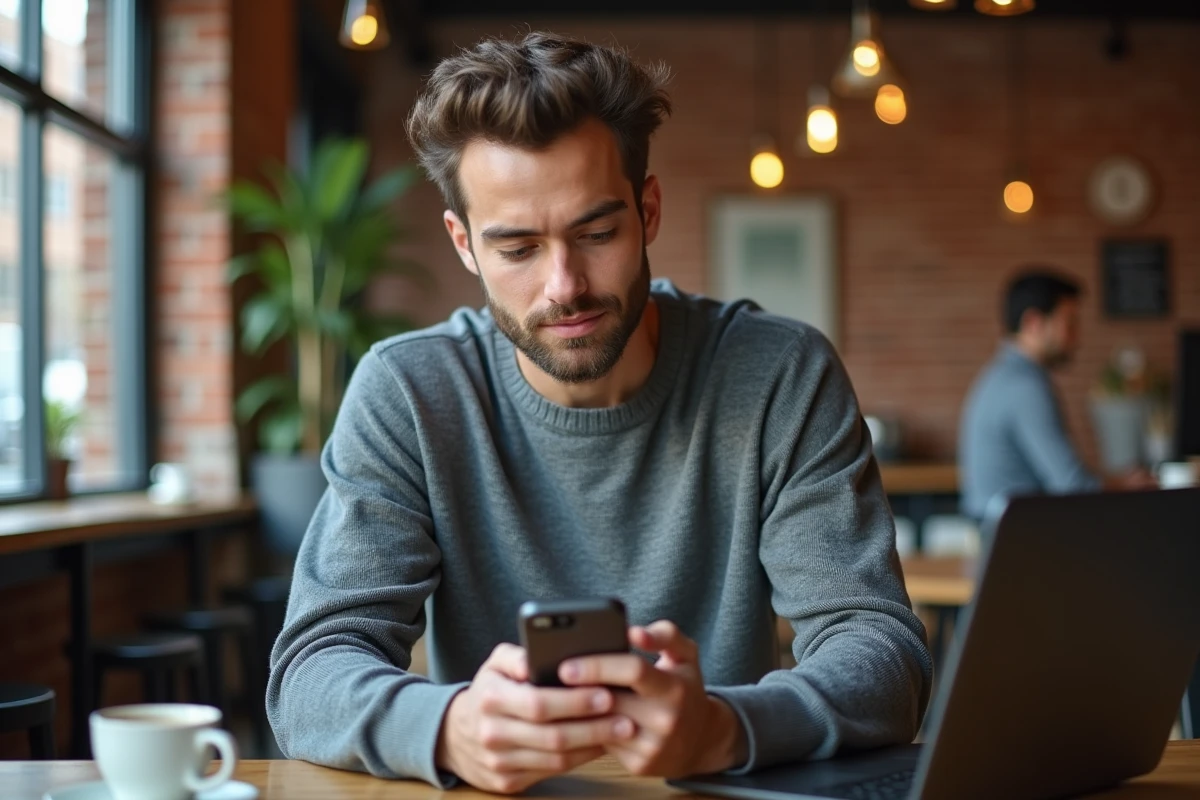 Jeune homme consultant ses réseaux sociaux professionnels dans un café pour améliorer sa visibilité en ligne
