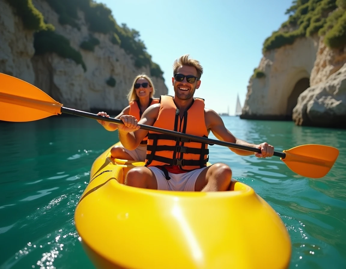 Couple en kayak de mer jaune pagayant près de falaises calcaires sur une côte sauvage avec eau turquoise
