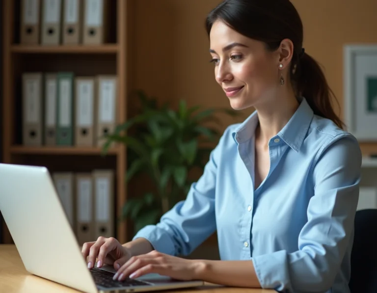 Femme connectée à sa messagerie académique Nancy Metz sur un ordinateur portable dans un bureau à domicile