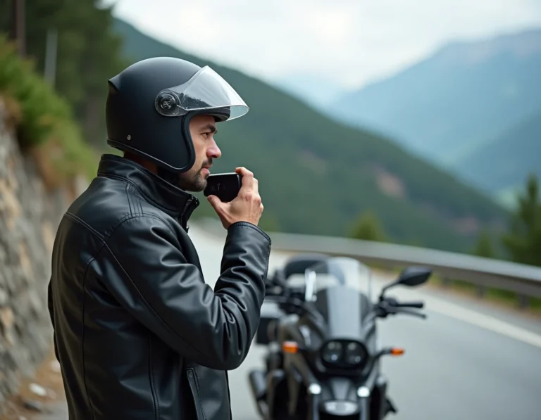 Motocycliste ajustant son intercom sur un casque intégral en bord de route de montagne