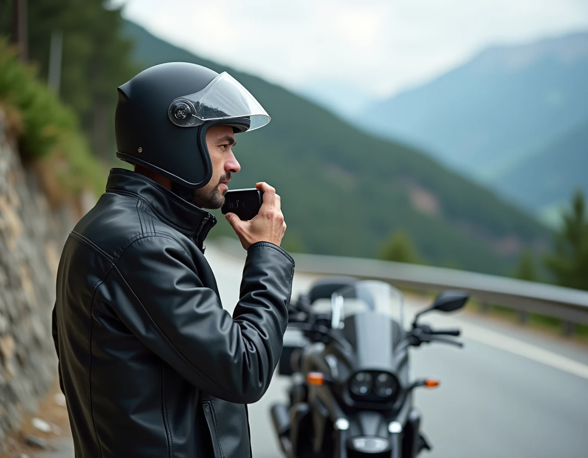 Motocycliste ajustant son intercom sur un casque intégral en bord de route de montagne