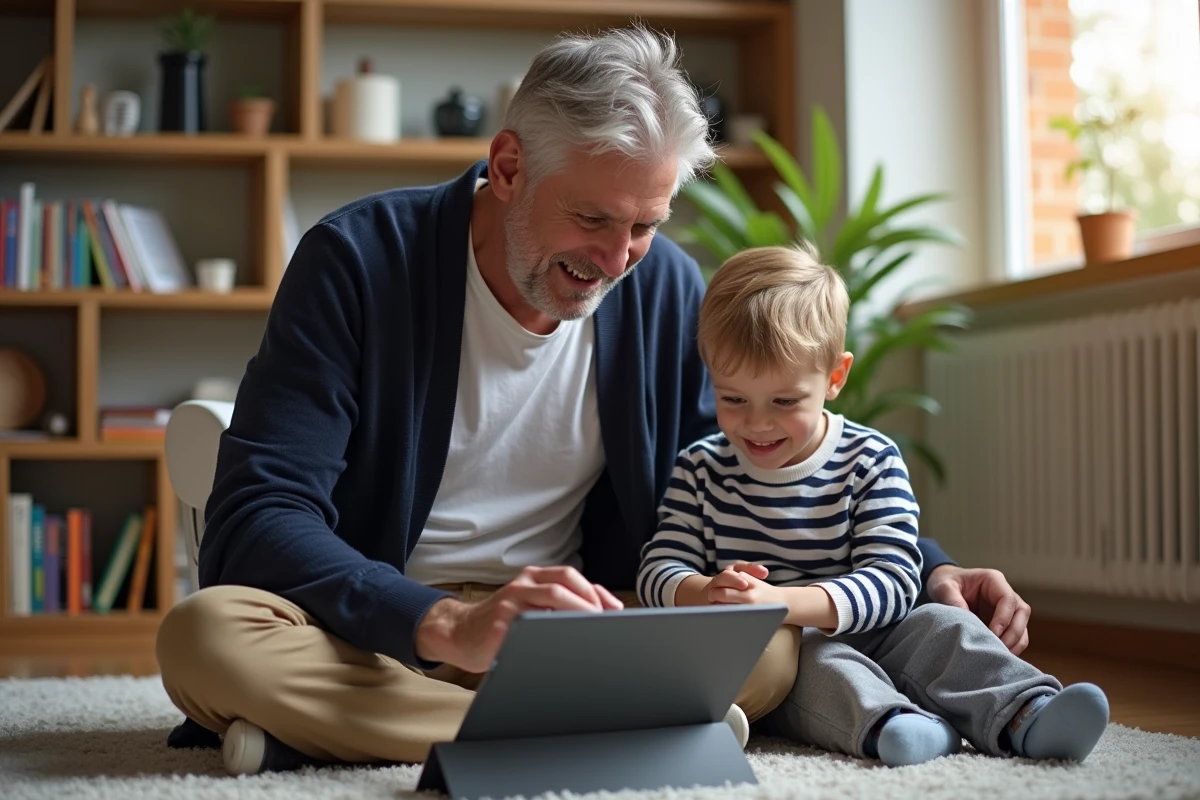 Père et fils construisant un projet numérique sur une tablette