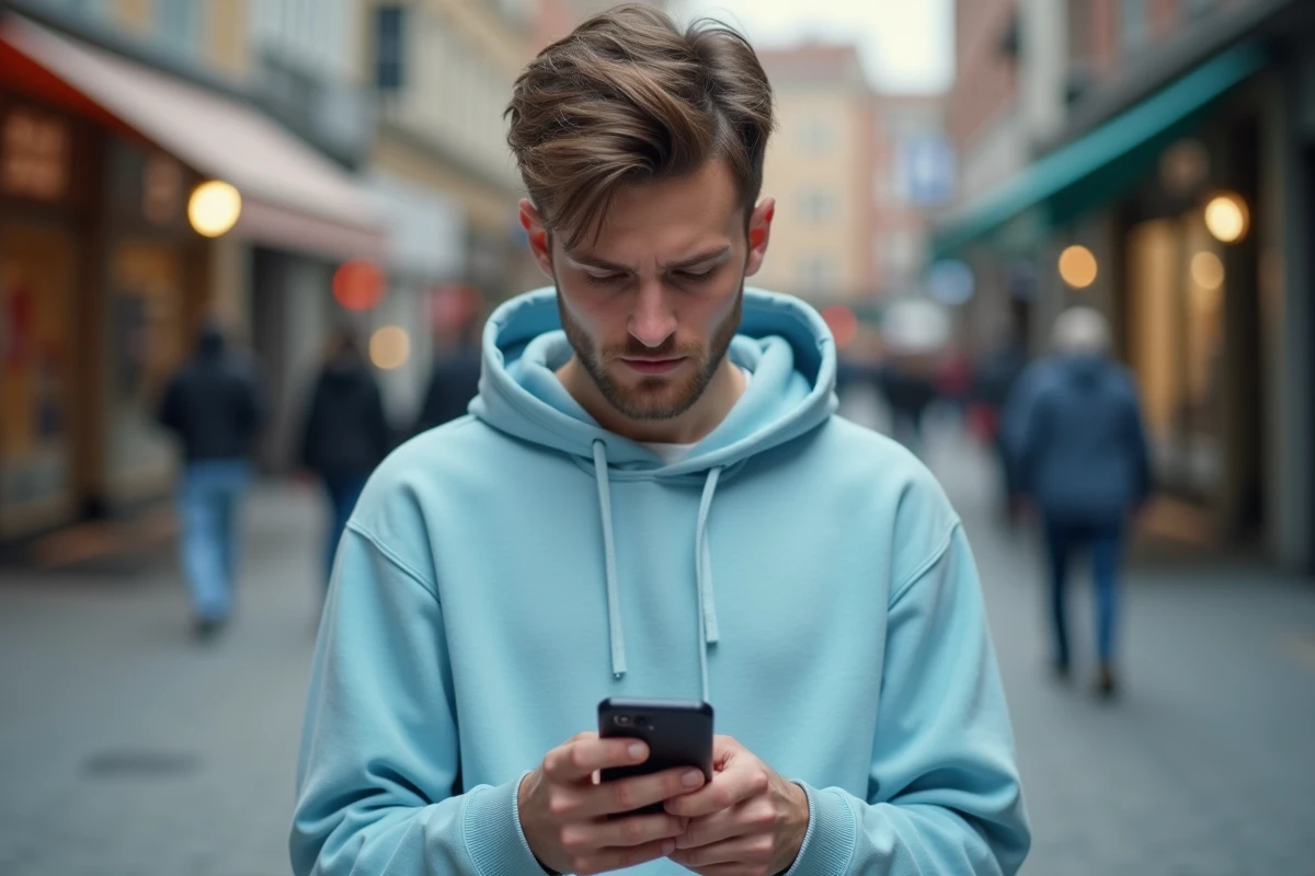 Personne dans la rue vérifiant un appel manqué d'un numéro de téléphone inconnu