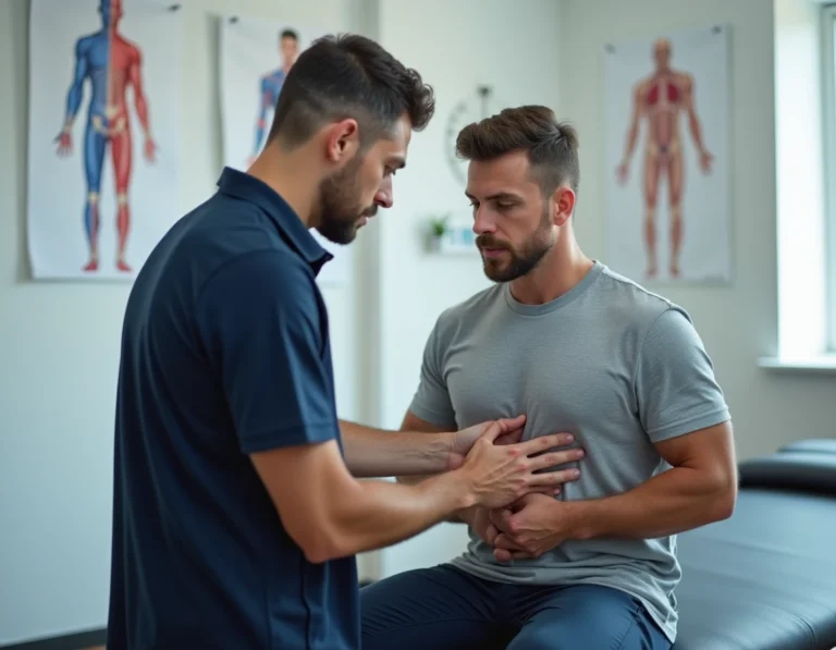 Physiothérapeute évaluant la douleur de la côte flottante d'un patient lors d'une consultation clinique
