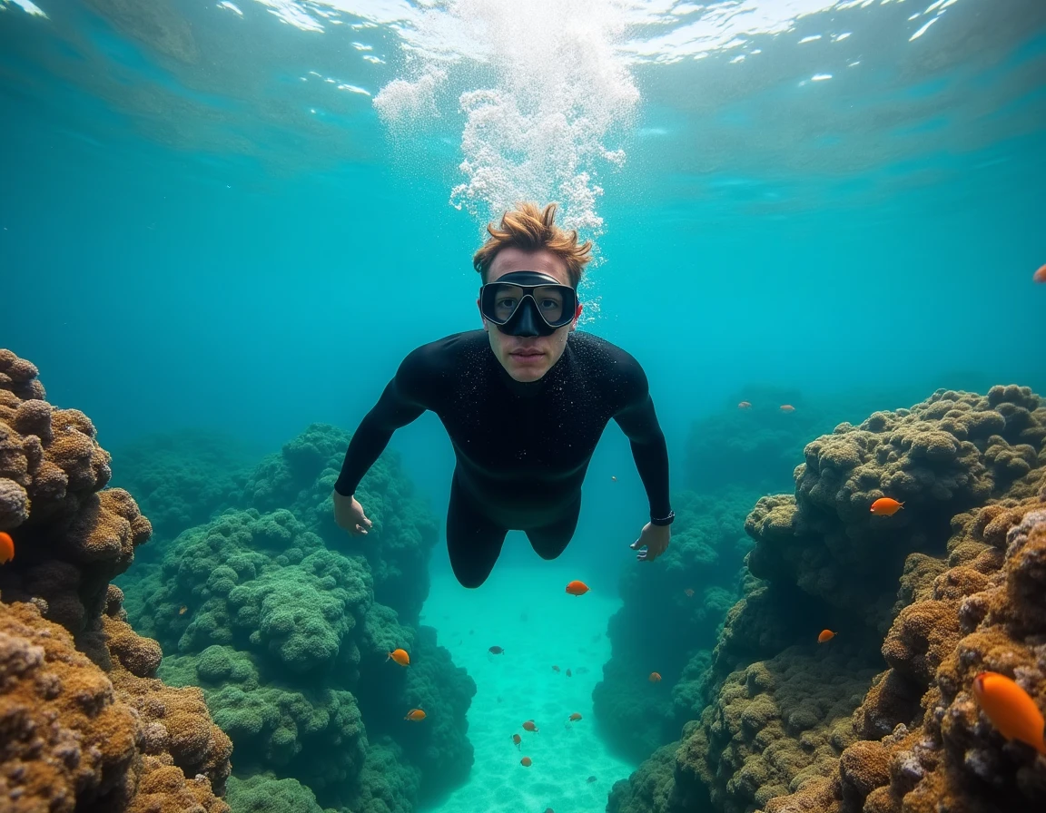Plongeur en combinaison noire évoluant au-dessus d'un récif corallien coloré avec poissons tropicaux dans une eau cristalline
