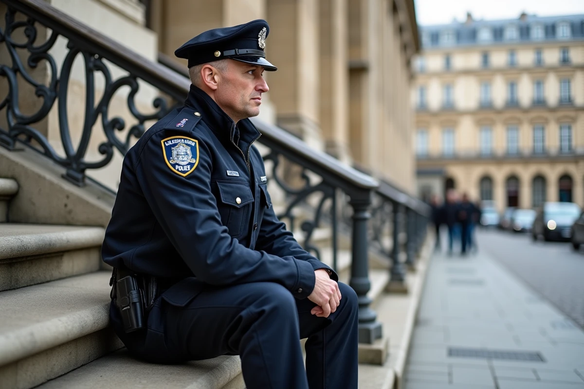 Policier français en uniforme assis seul sur des marches parisiennes, illustrant les métiers de sécurité publique parmi les plus exposés au divorce selon les statistiques françaises