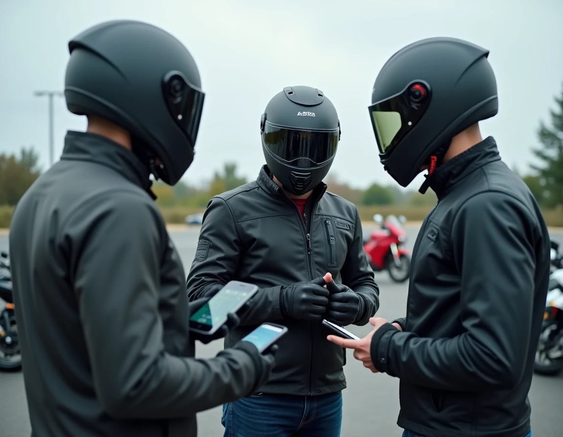 Groupe de motocyclistes activant le protocole mesh sur leurs intercoms lors d'une pause