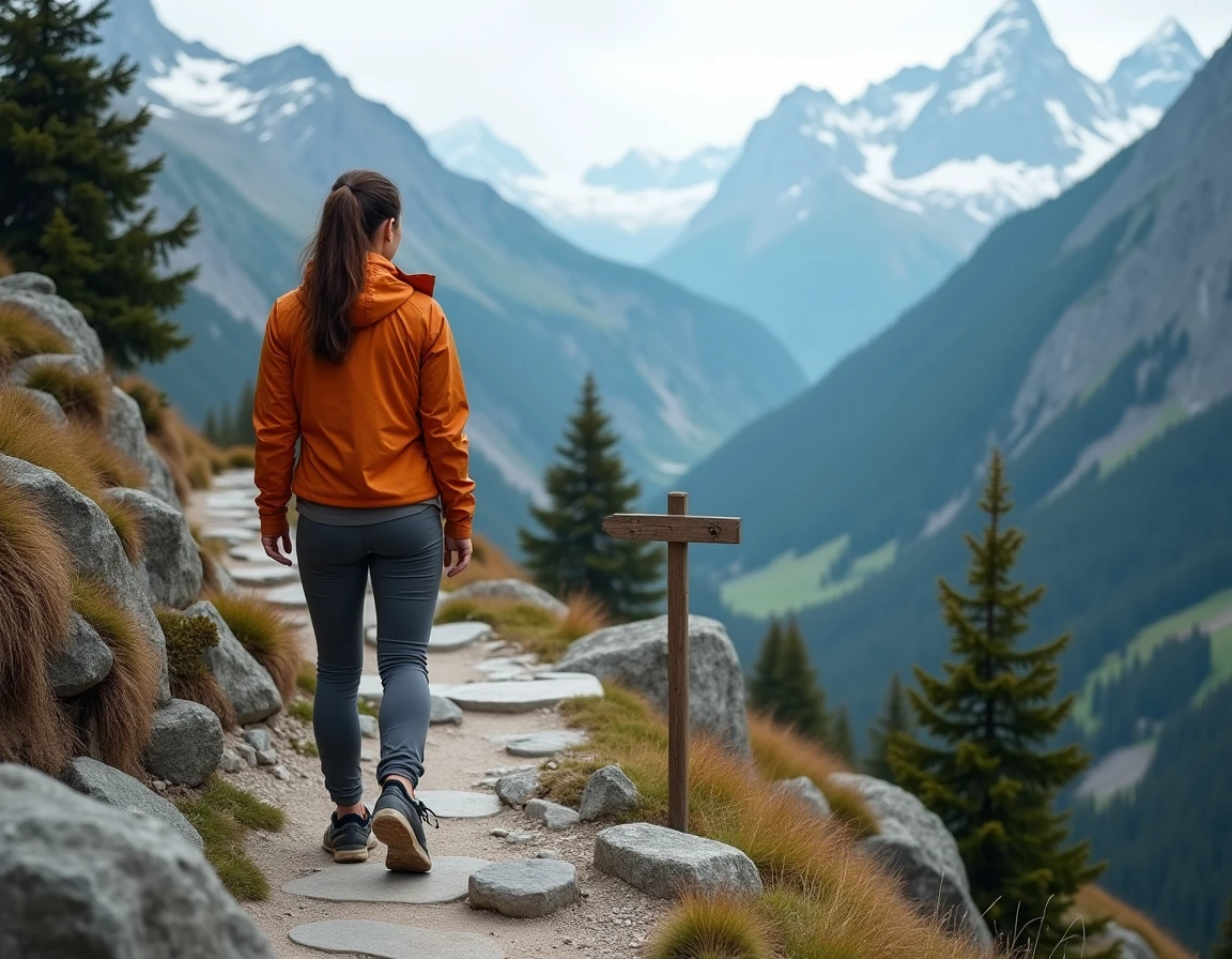 Femme en veste de randonnée orange sur un sentier balisé en altitude avec cairns et paysage alpin en arrière-plan