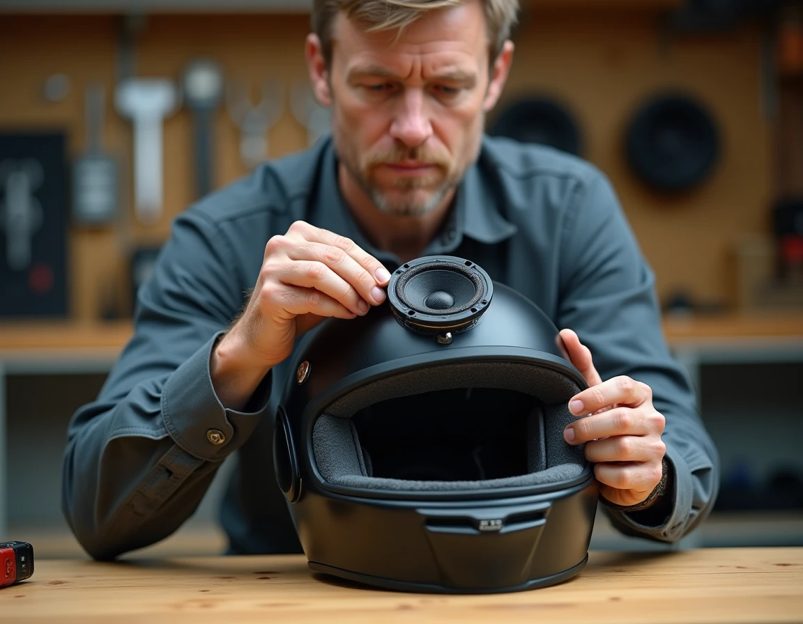 Repositionnement manuel du haut-parleur à l'intérieur d'un casque moto sur un établi d'atelier