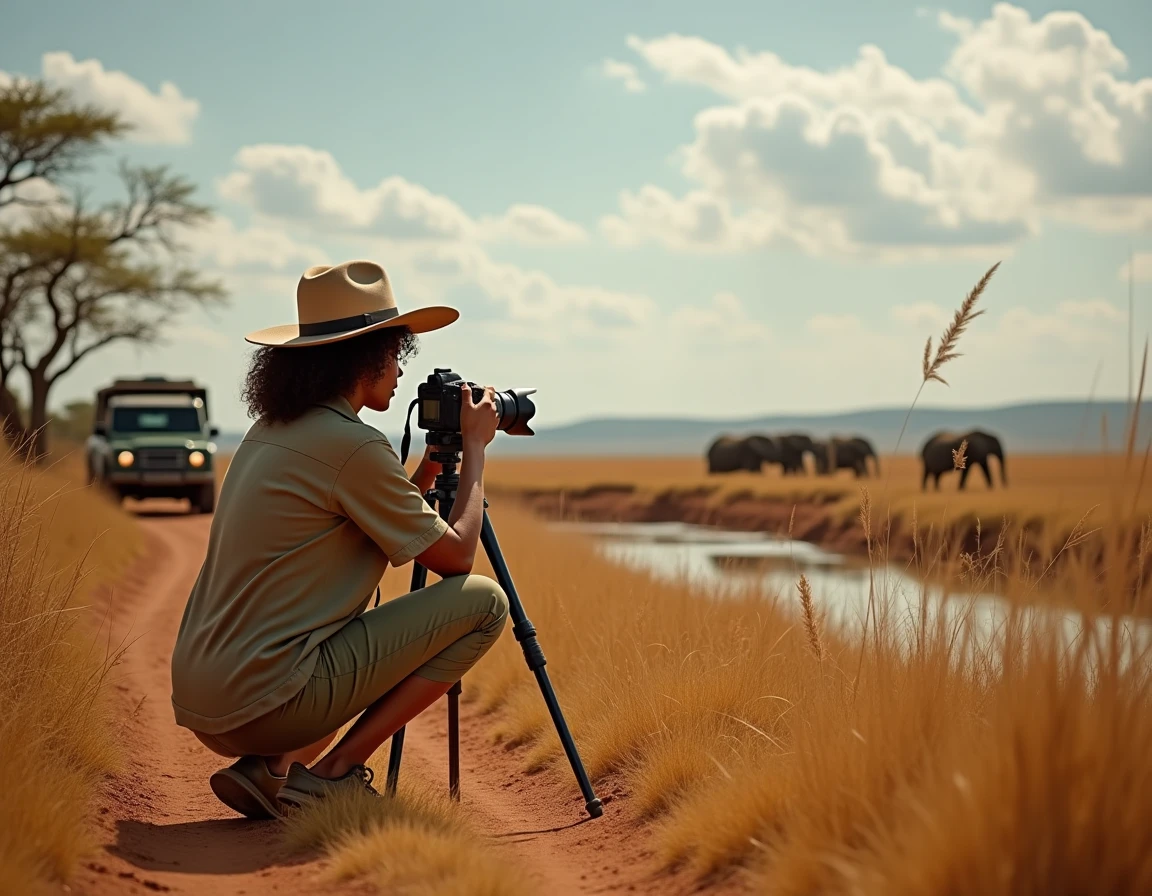 Photographe femme en tenue safari photographiant des éléphants depuis la savane dorée dans un parc national africain