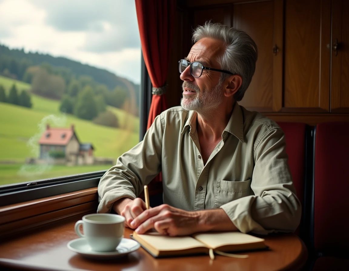 Homme mûr écrivant dans un journal dans un compartiment de train régional vintage en regardant un village de campagne défiler