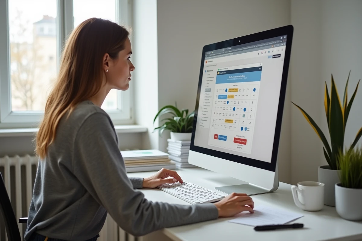 Femme consultant le simulateur de plafonds MaPrimeRénov sur ordinateur depuis son appartement en rénovation