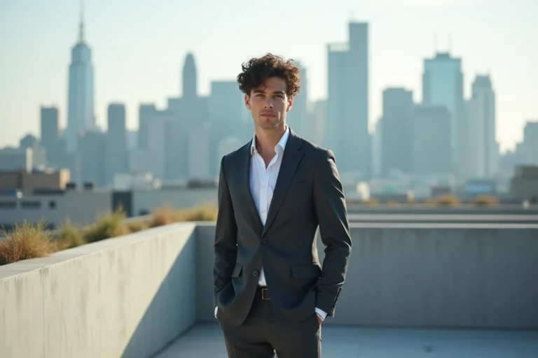 Jeune homme grand et mince en costume gris ajusté sur un toit urbain, illustrant la silhouette et la morphologie de Timothée Chalamet