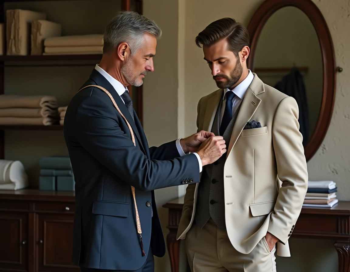 Tailleur sur mesure épinglant un costume en lin sur un client dans un atelier de confection à Lyon