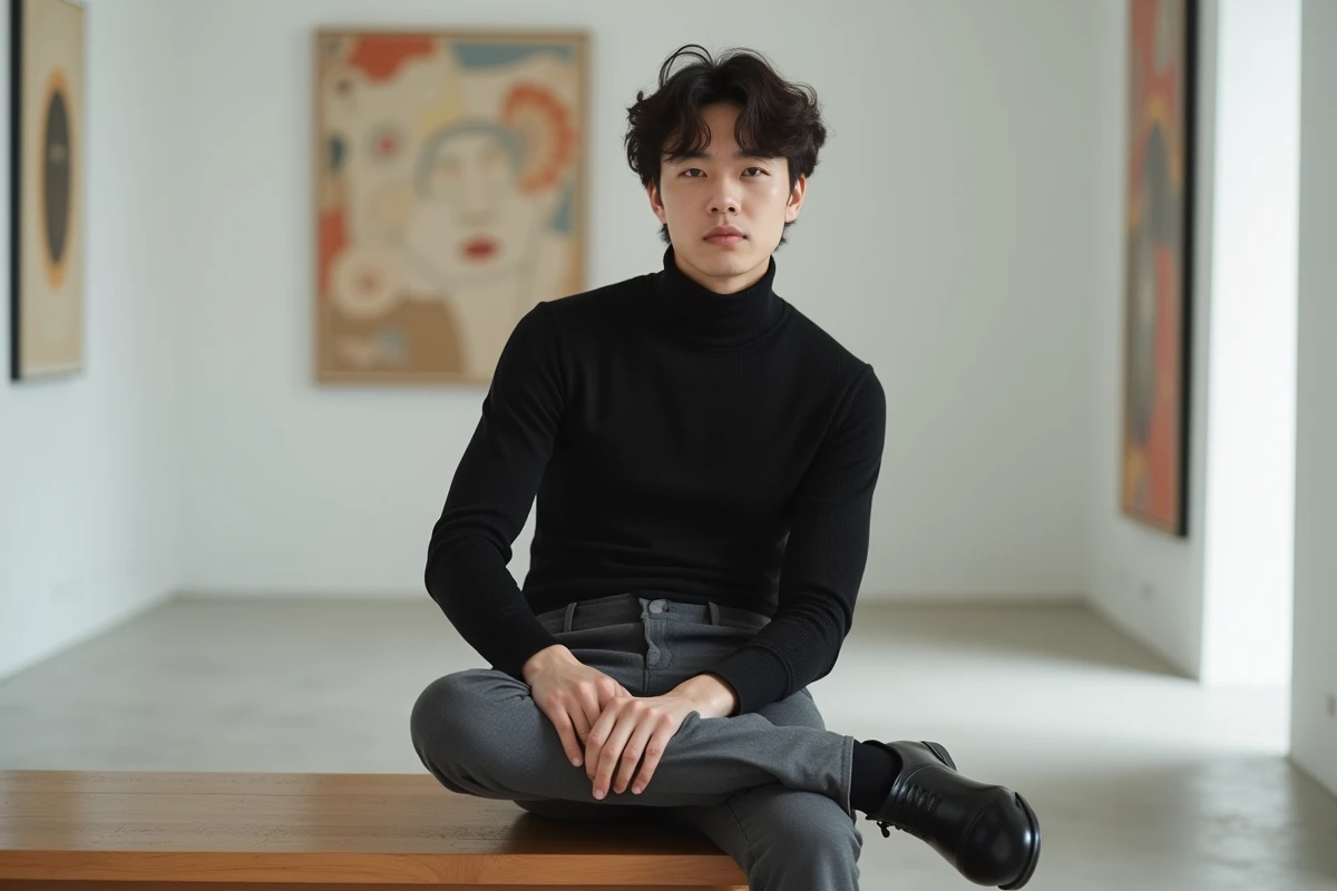 Jeune homme élancé en col roulé noir assis dans une galerie d'art moderne, évoquant le style et la morphologie longiligne caractéristique de Timothée Chalamet
