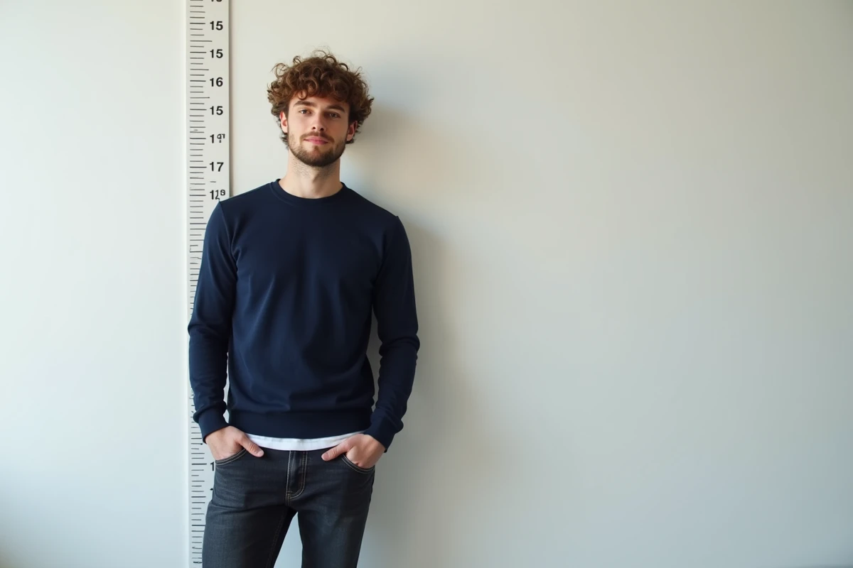 Jeune homme mince aux cheveux bouclés mesuré contre une toise dans un studio épuré, représentant la taille et le poids typiques de Timothée Chalamet