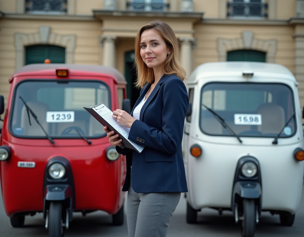 Deux tuk tuks homologués avec plaques d'immatriculation devant une sous-préfecture française lors d'un contrôle officiel