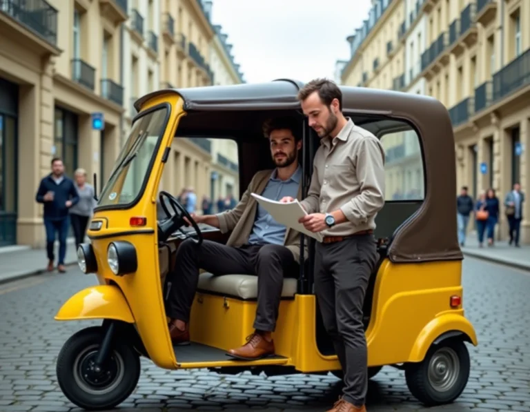 Tuk tuk homologué jaune garé sur les pavés d'une rue française avec un conducteur consultant un document réglementaire