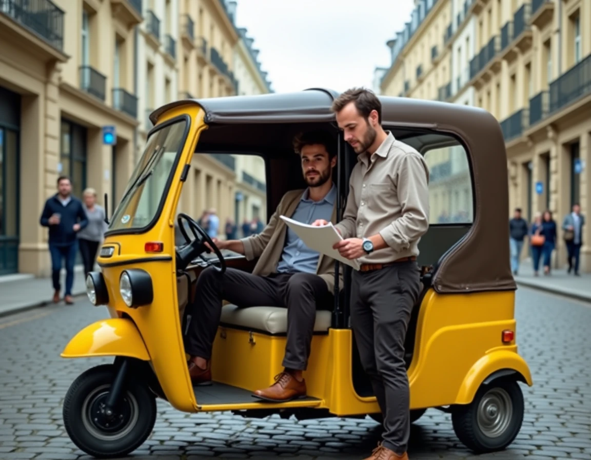 Tuk tuk homologué jaune garé sur les pavés d'une rue française avec un conducteur consultant un document réglementaire