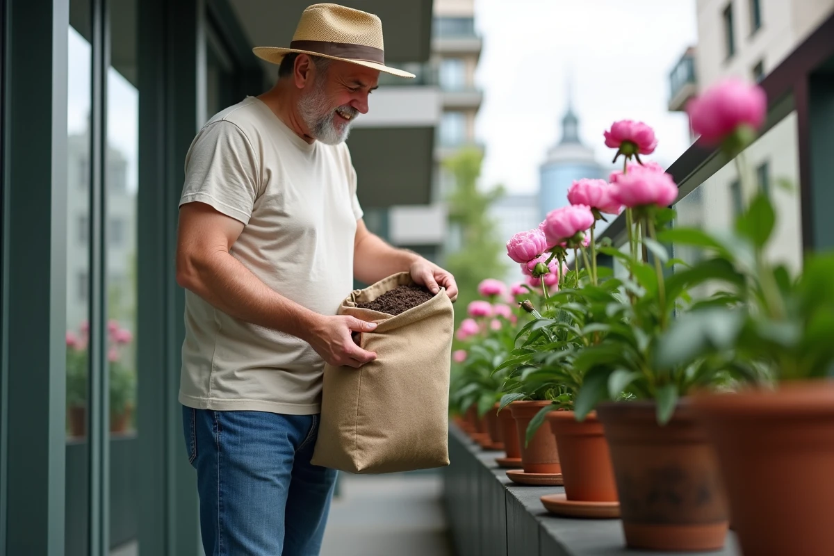 Homme avec sac de fumier sur balcon urbain
