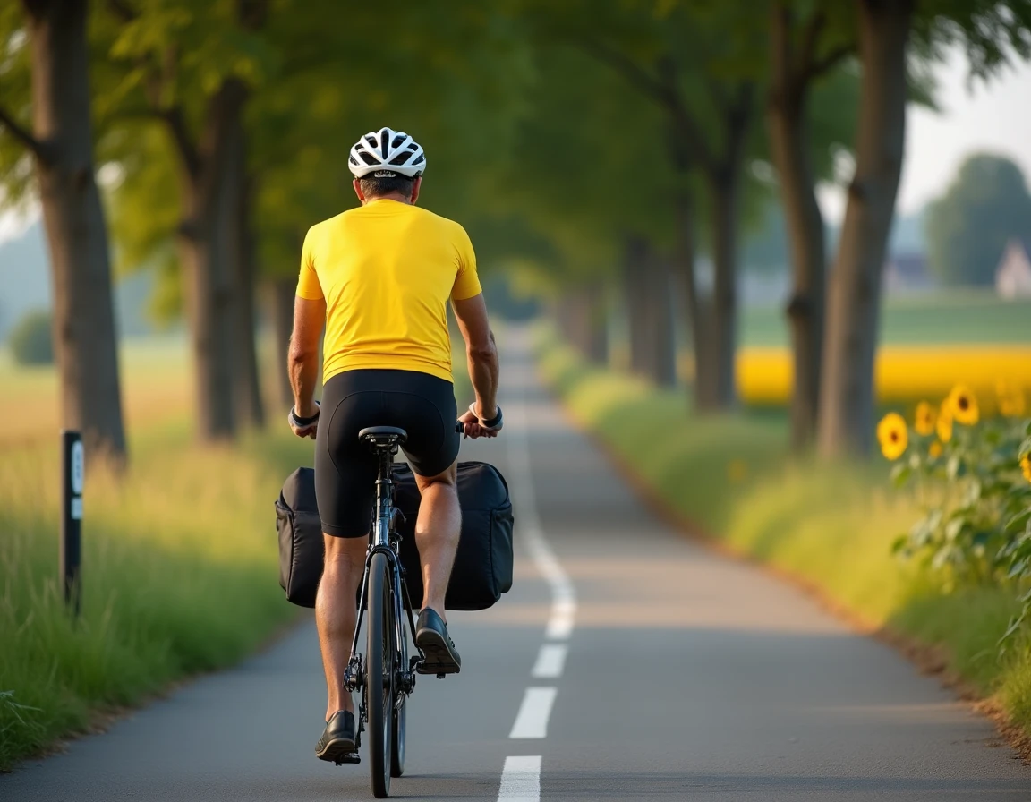 Cycliste en vélo de randonnée chargé de sacoches sur une voie verte balisée bordée de peupliers et de champs de tournesols