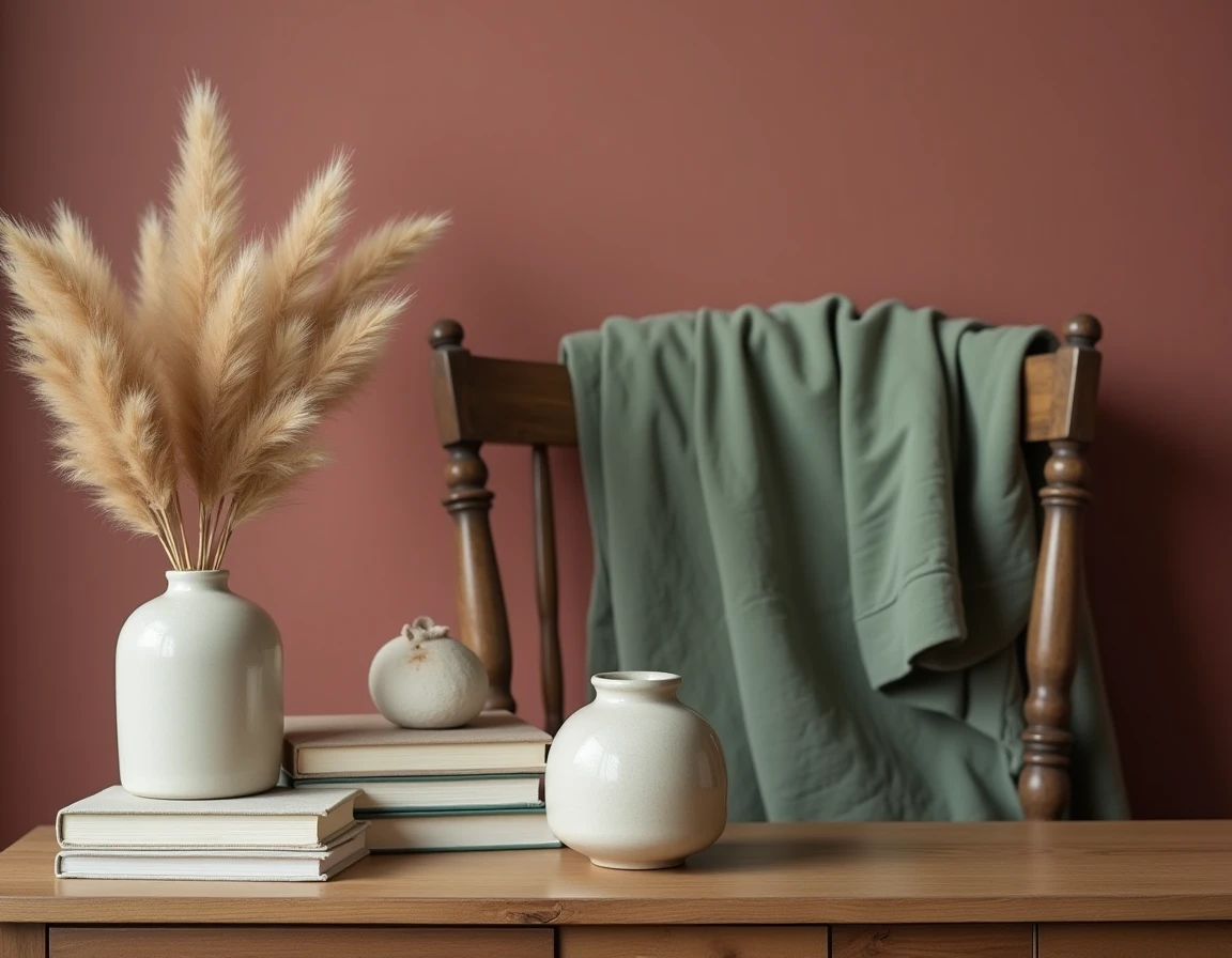 Vignette décorative sur un buffet en bois avec livres de décoration, vase en grès et sculpture céramique dans un appartement français