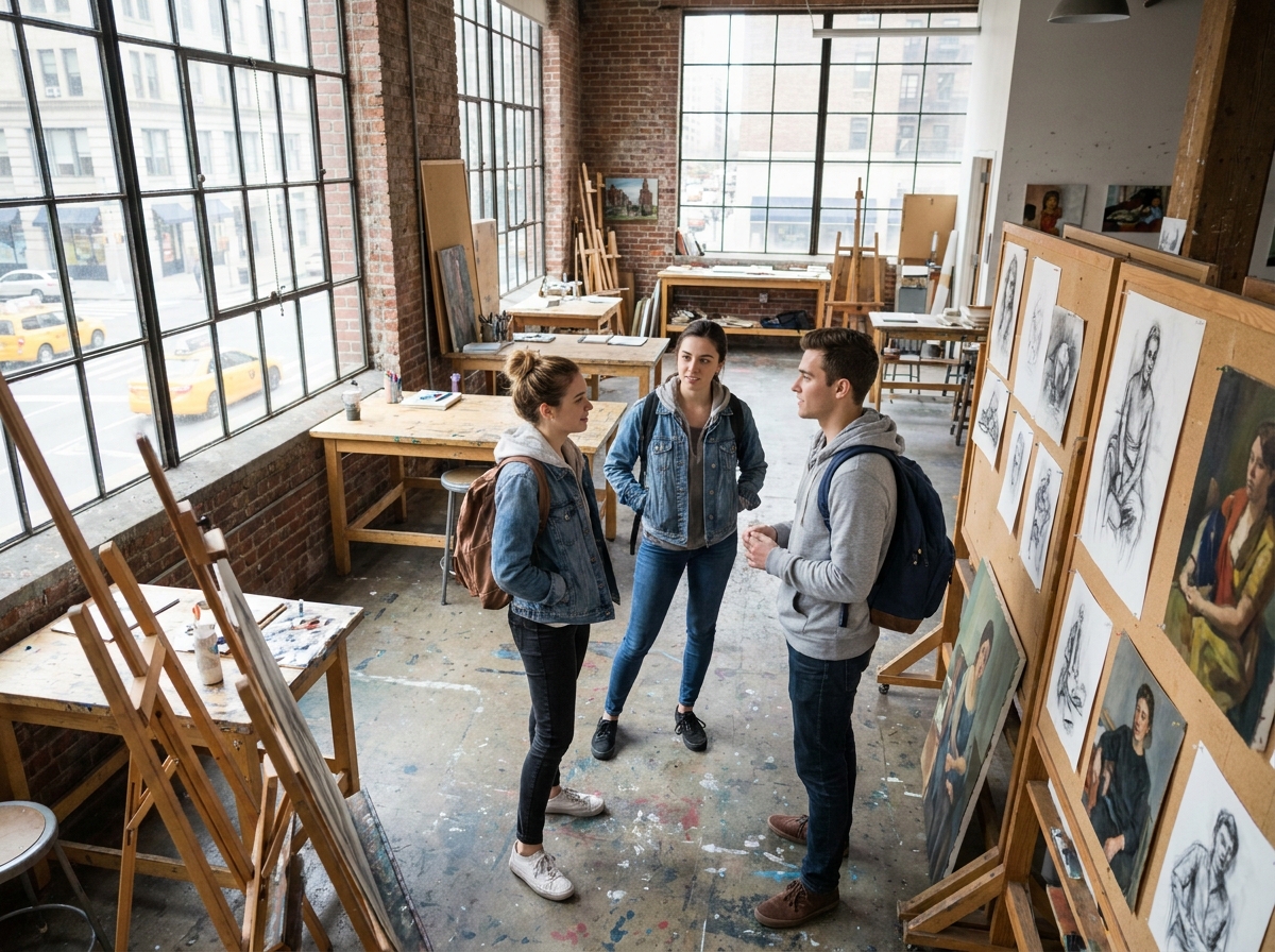 Futurs étudiants en visite dans un atelier d'une école d'art pendant une journée portes ouvertes
