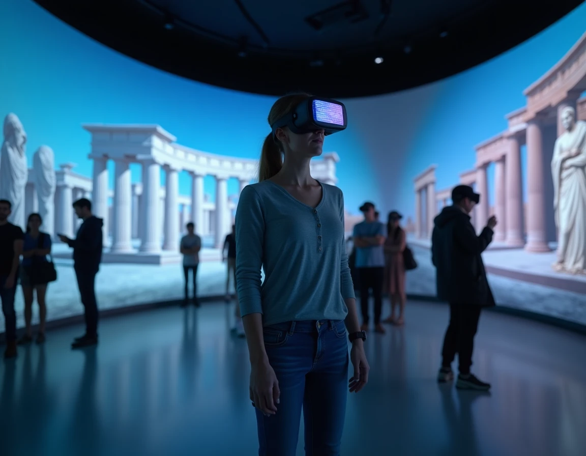 Femme avec casque de réalité virtuelle vivant une visite immersive d'un site historique romain dans un espace muséal moderne